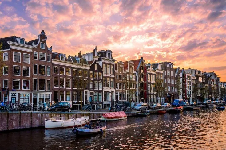 Amsterdam canal houses at sunset