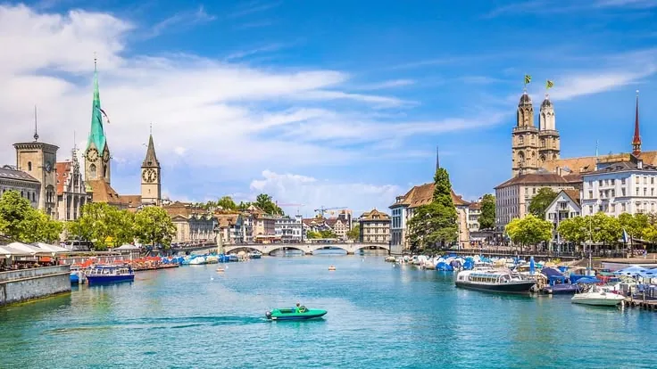 European waterfront and church towers