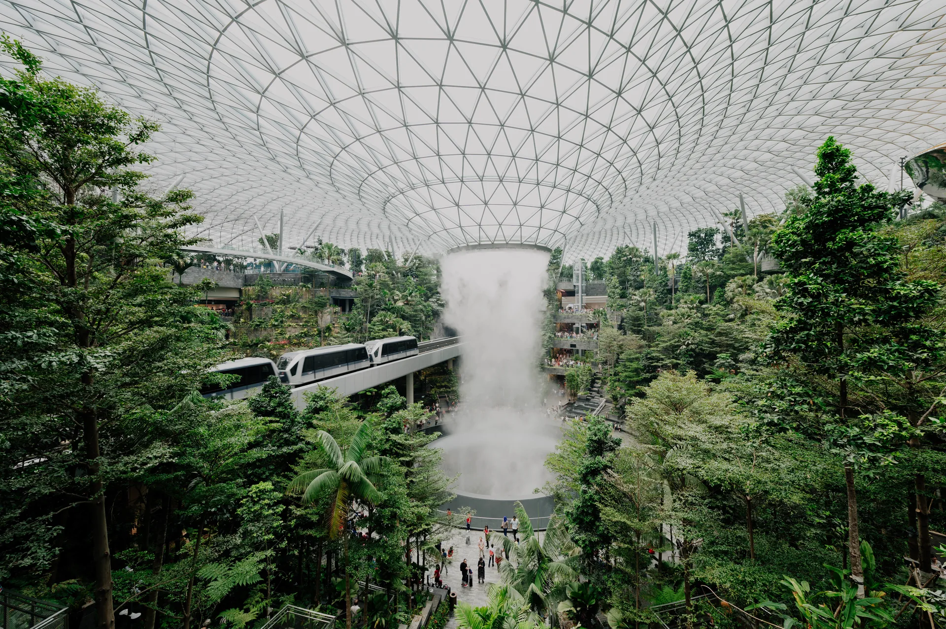 Indoor waterfall and tropical garden